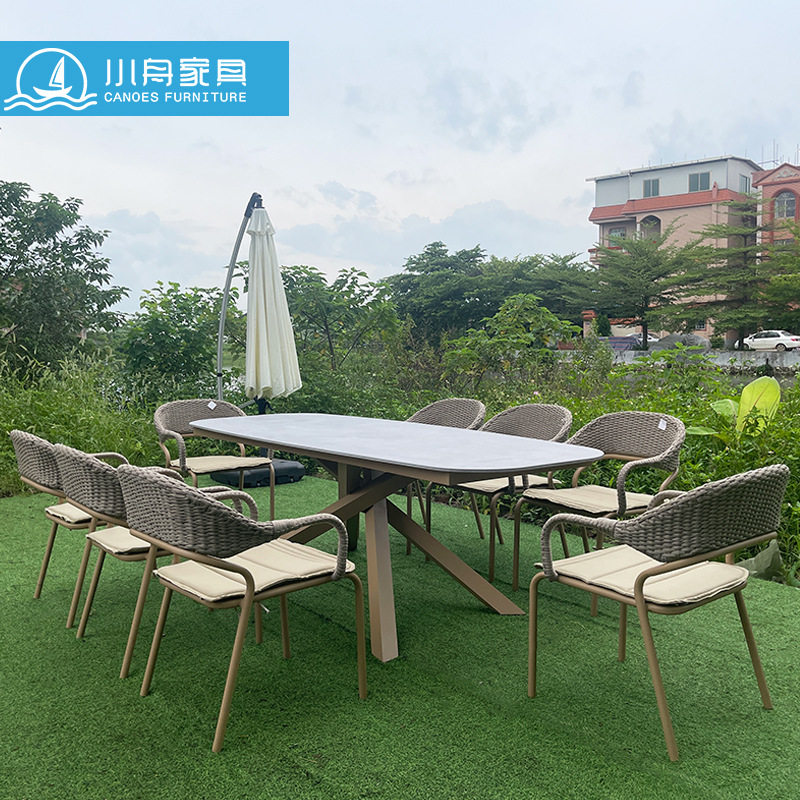 户外别墅藤编桌椅高端岩板餐桌家具室外露天休闲花园庭院桌椅组合