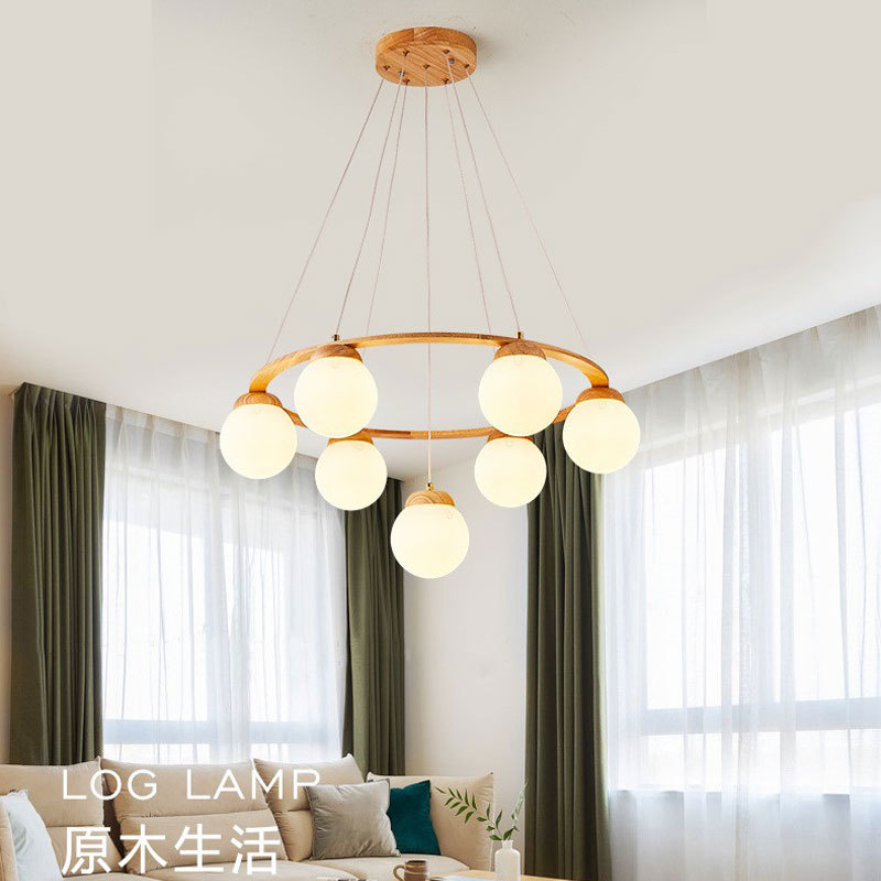 圆圈小客厅实木灯具批发卧室原木餐厅灯餐北欧房间led吊灯魔豆