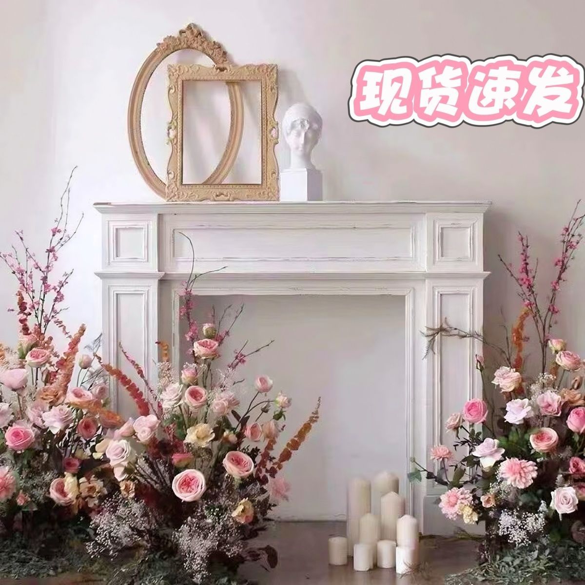 美式复古壁炉架简约做旧原木色装饰柜客厅玄关法式白色柜田园民宿