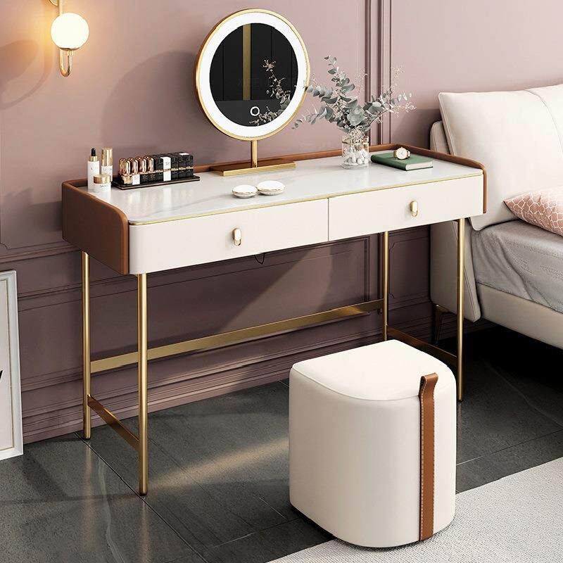 港式轻奢亮光岩板梳妆台收纳柜带LED灯镜子小型ins网红化妆桌子