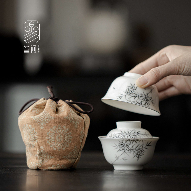 叁间手绘竹子盖碗茶杯套装小清新便携式收纳袋户外旅行茶具泡茶碗