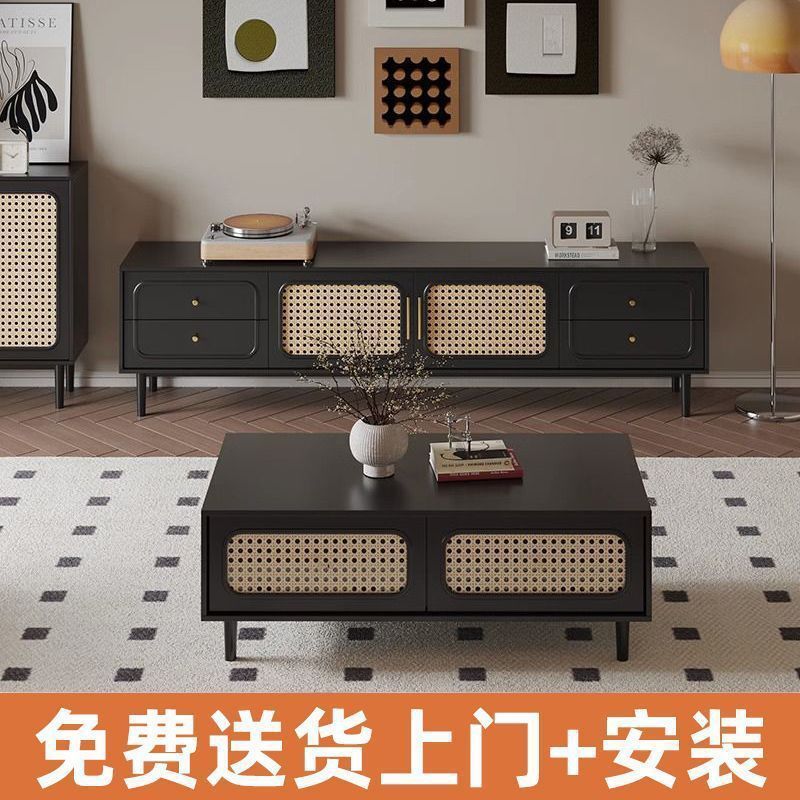 美式复古电视柜茶几组合客厅家用简约现代新款黑色中古电视柜机柜