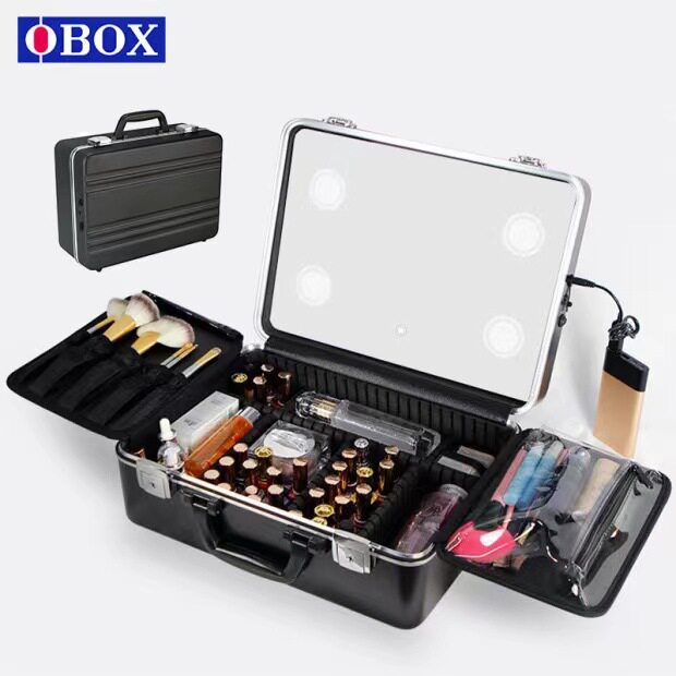 OBOX手提便携带灯带镜子化妆箱专业跟妆师16寸纹绣美甲彩妆收纳箱