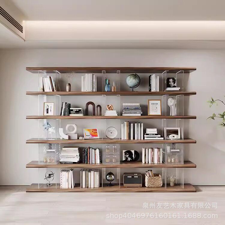 亚克力实木墙上书柜展示架多层置物架落地靠墙客厅创意悬浮收纳架