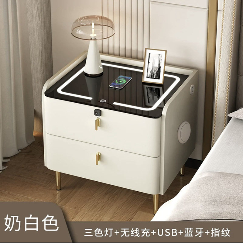智能床头柜轻奢高级感多功能卧室带音箱奶油风带灯2024新款柜子