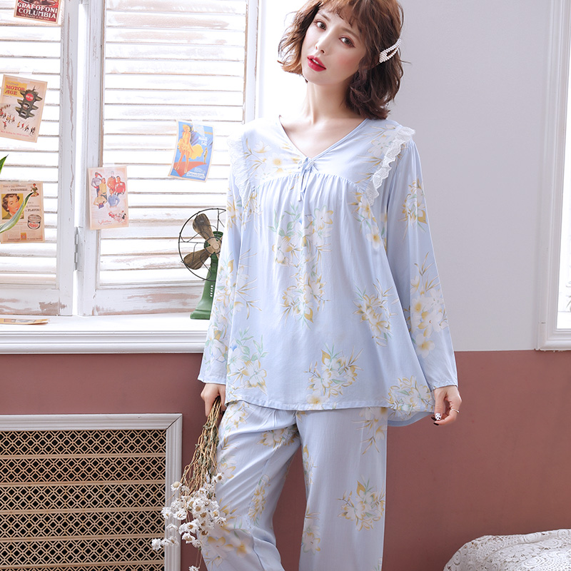 春秋长袖绸睡衣女士夏季绵绸套装夏天学M生韩版大码可爱家居服