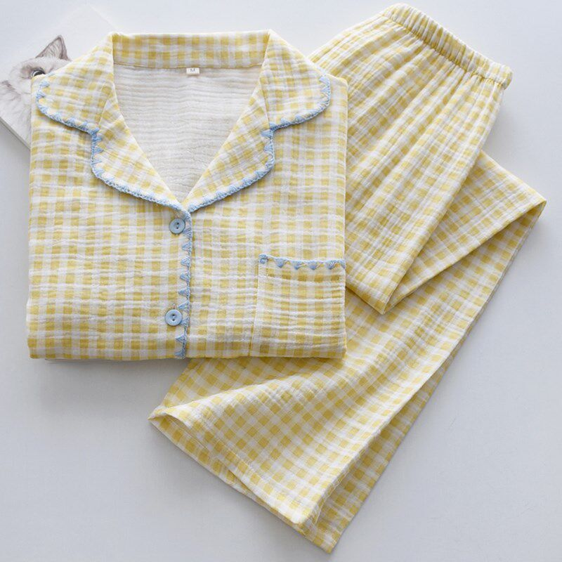 贝壳刺绣包边格子睡衣女款春夏季C纯棉纱布薄款长袖开衫家居服套