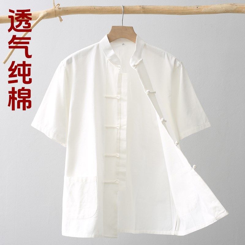 夏季纯棉唐装男中老年短袖v中国风中式复古手工盘扣休闲衬衫半袖