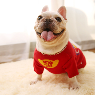 新年狗狗红色喜庆猫n咪毛衣醒狮过年衣服宠物法斗柯基柴犬舞狮
