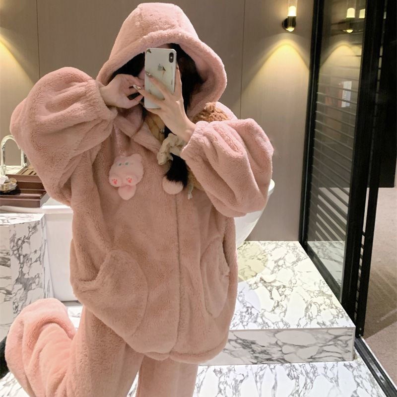珊瑚绒睡b衣女冬季加绒加厚可爱卡通休闲连帽毛绒家居服套装可外