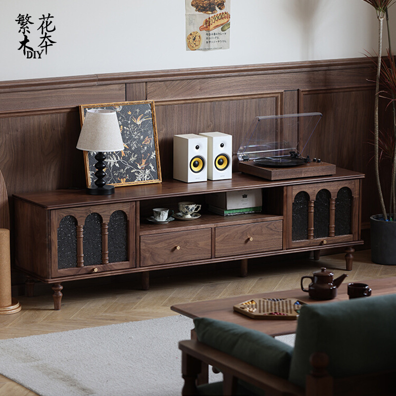 北美黑胡桃木实木电视柜樱桃木法式复古小户型客厅收纳储物电视柜