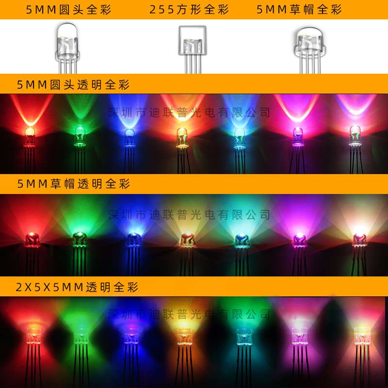 255方形雾状透明全彩共阴共阳 RGB灯珠 直插LED 高亮三色背光灯