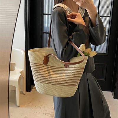 草编包海滩黑条纹2025新款休闲夏天单肩包时尚托特百搭包女士