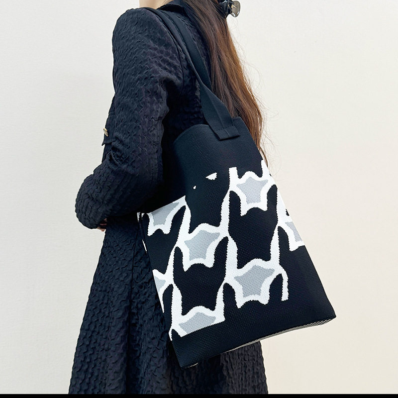 黑白针织手提包大容量托特包百搭通勤包包菱格早八单肩包复古风,箱包皮具/热销女包/男包,通用款女包,淘宝优惠券,粉丝福利购,淘宝优惠卷