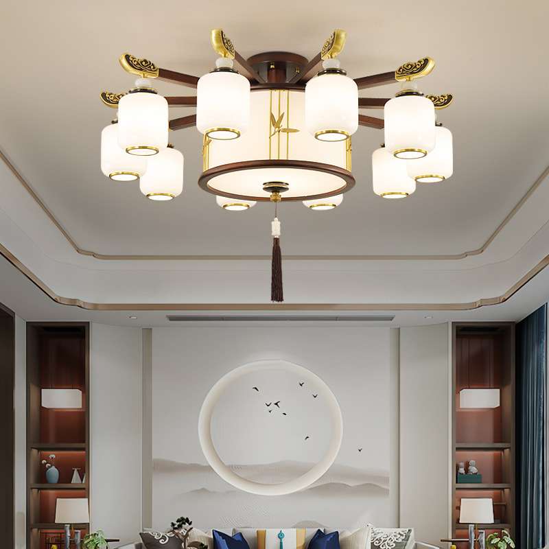 新款复式楼大厅主灯实木大气中国风禅意茶室灯新中式全铜客厅吊灯