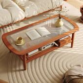 实木茶几小户型客厅复古高脚方形边几桌简约法式 储物玻璃茶几家用