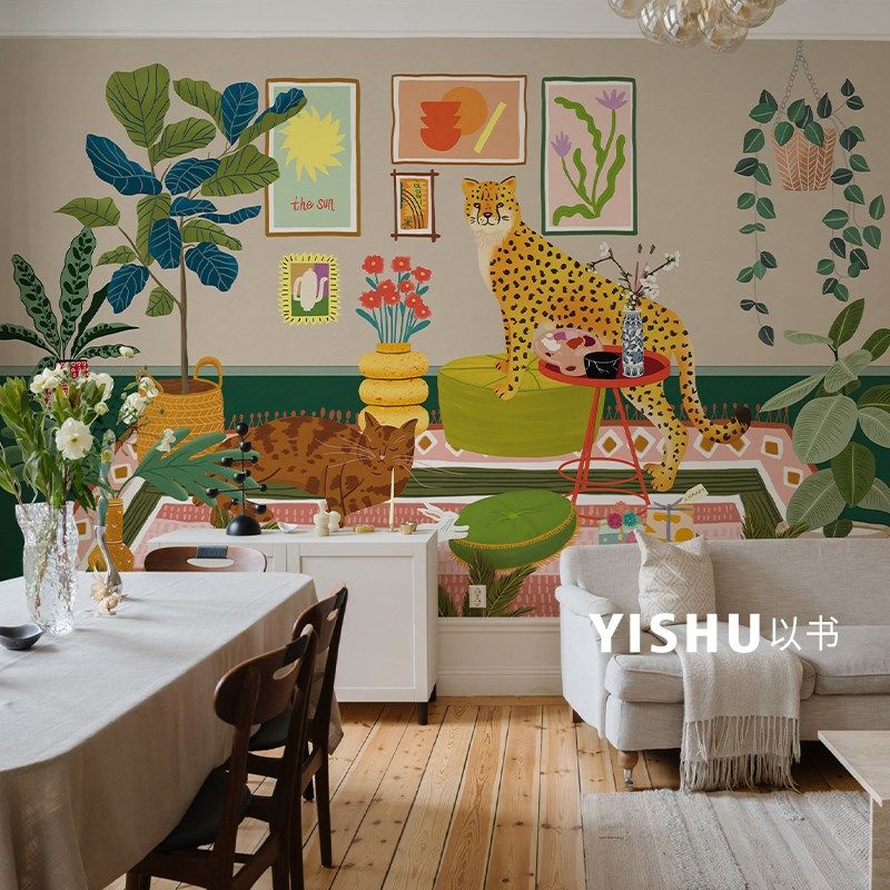 现代插画沙发背景墙纸墙布简约艺术壁画餐厅卧室墙面装饰壁纸壁布,家装主材,定制壁画,淘宝优惠券,粉丝福利购,淘宝优惠卷