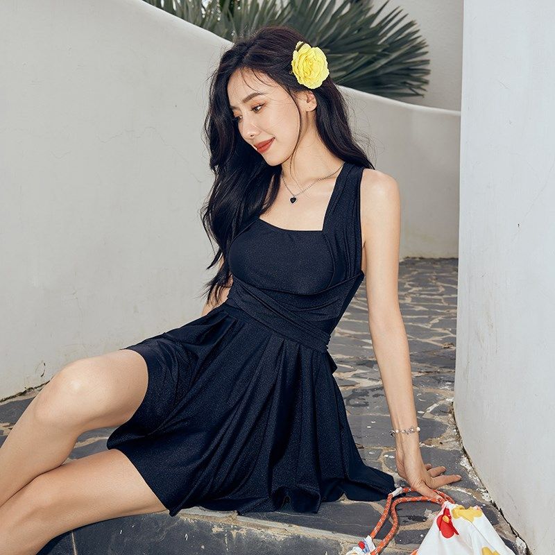 黑色温泉泳衣女高级感微胖遮肉显瘦遮肚子大码胖人保守高级感绑带