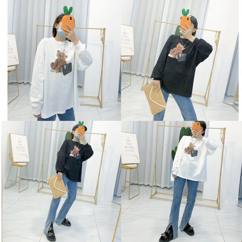 大码t恤女长袖2021年秋冬新款宽松纯H棉内搭卡通学生白体恤打底衫