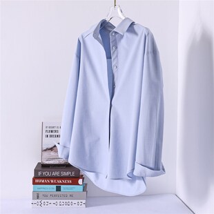 高级感抗皱免烫叠穿蓝色纯棉衬衫女士春秋打底通勤百搭弹力白衬衣