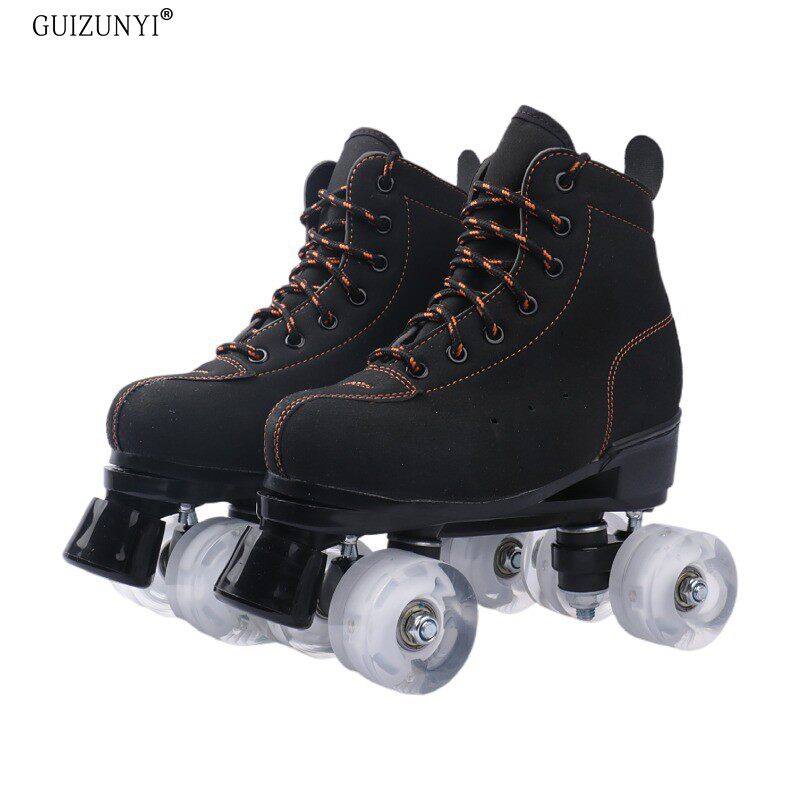 黑色成人双排溜j冰鞋儿童四轮滑鞋成年男女旱冰鞋双排轮滑冰鞋闪