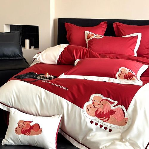 高级感结婚长绒棉四件套鸳鸯刺绣款全棉纯棉被套床单婚庆乔迁床品