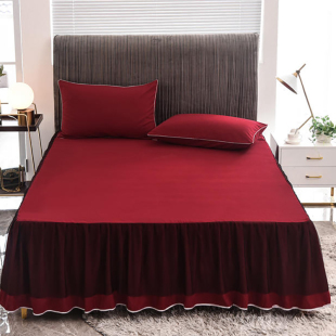 新品 公主风结婚红色婚庆单件床罩1.5米1. 纯色a夹棉床裙三件套韩版