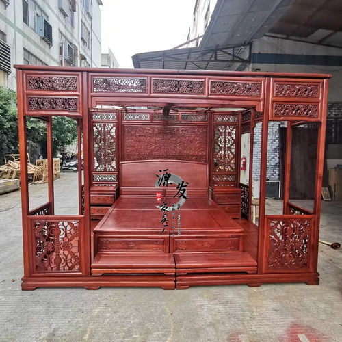 实木架子床c仿古拔步床双人床雕花彩绘原卯榫雕刻镂空隔断婚床榆