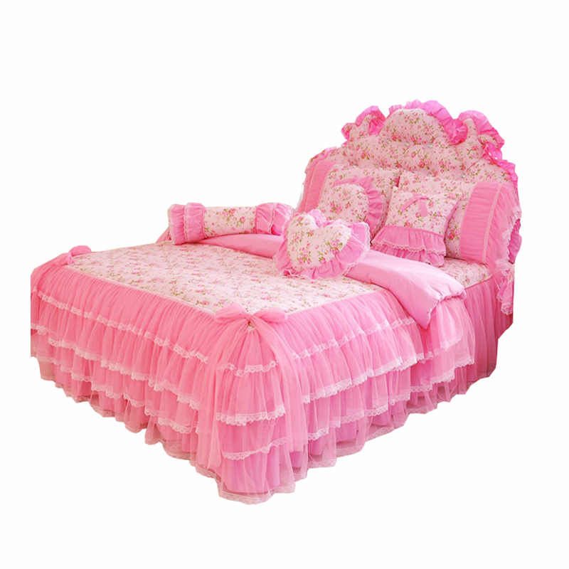 韩版全棉粉色公主风花边床裙四件套蕾丝床单婚庆床上用品韩式