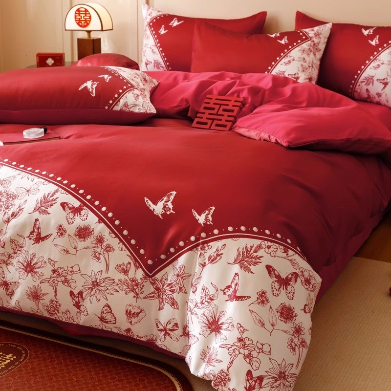高档中式结婚四件套大红色陪嫁床单被套纯棉婚庆床上用品婚房喜被