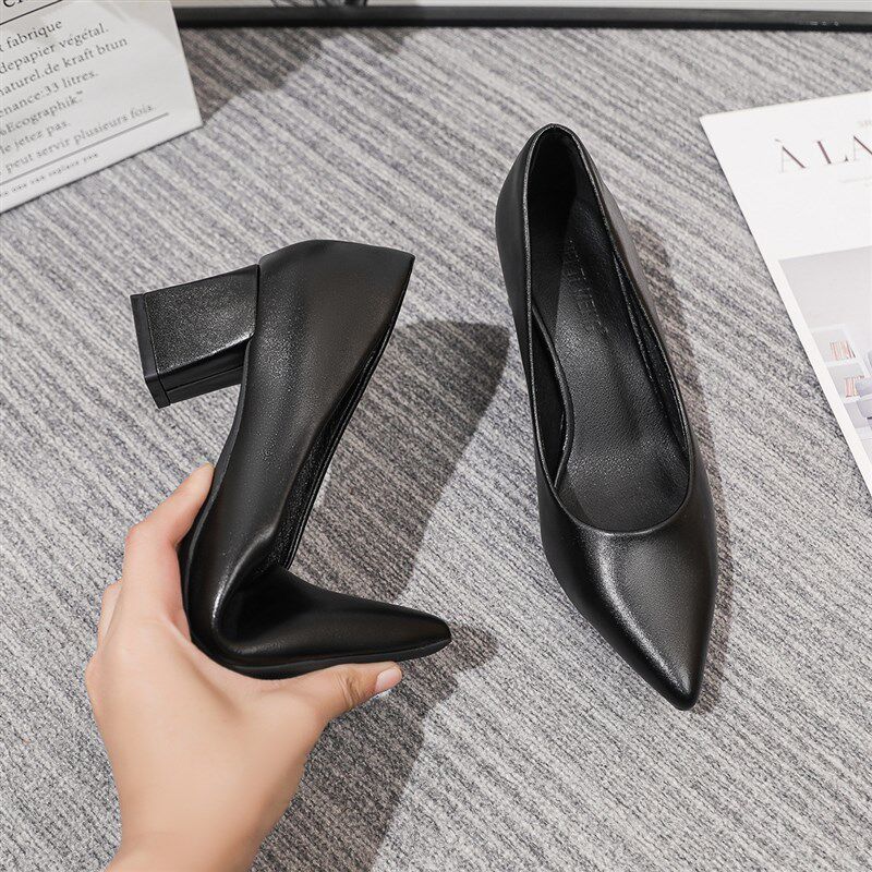 黑色高跟鞋女粗跟5cm尖头软底单鞋久站不累脚正装面试职业工作鞋