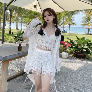 泳衣女网红风保守三件套仙x白色甜小姐日韩少女泳装 显瘦感日系