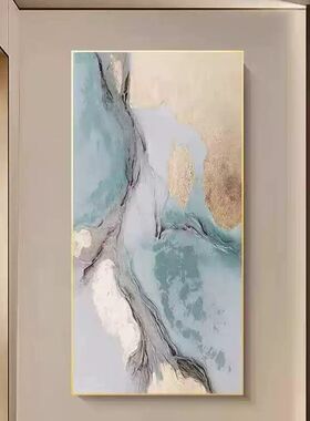 蓝色大芬村现代轻奢手绘油画走廊过道装饰画玄关挂画抽象竖版壁画