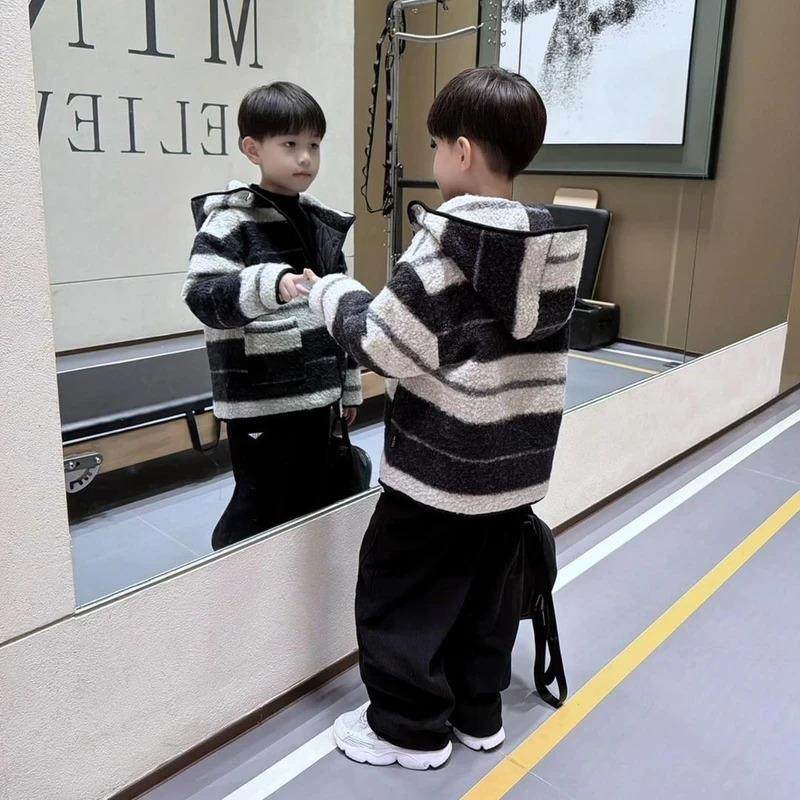 柒凯优品男童冬季加厚呢大衣2025新款儿童韩版休闲百搭条纹外套