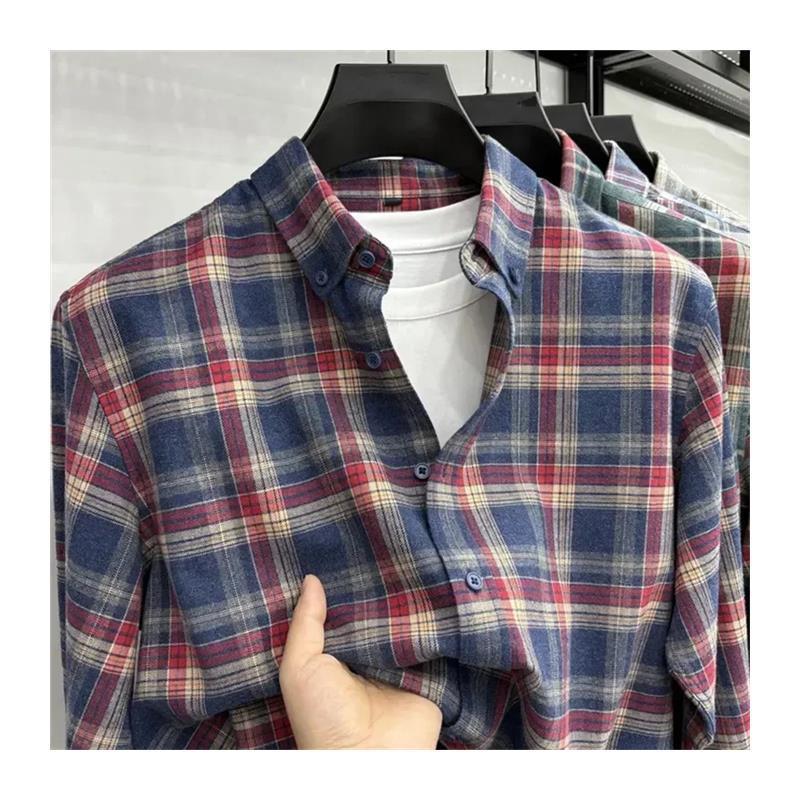 师凯服饰Amphelisia 秋季磨毛格纹衬衫上l衣R复古美式长袖格子衬