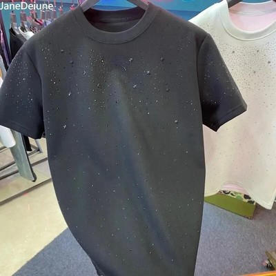 路经生轻奢男装新款满天星烫钻s修身圆领短袖夏季百搭美式欧货短