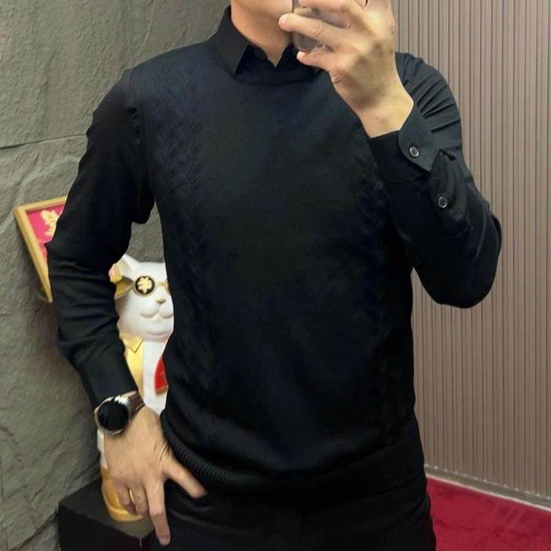 师凯服饰针织衫男士秋冬纯色针织休闲翻领冬季假两件针织衫