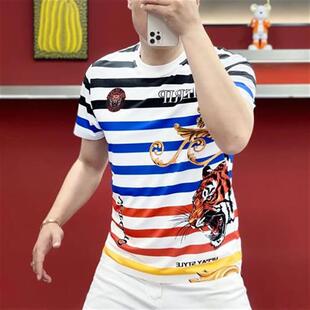 印花百搭休闲短袖 墨峰阁服饰e26轻奢夏季 修身 条纹男士 恤 潮流C时尚