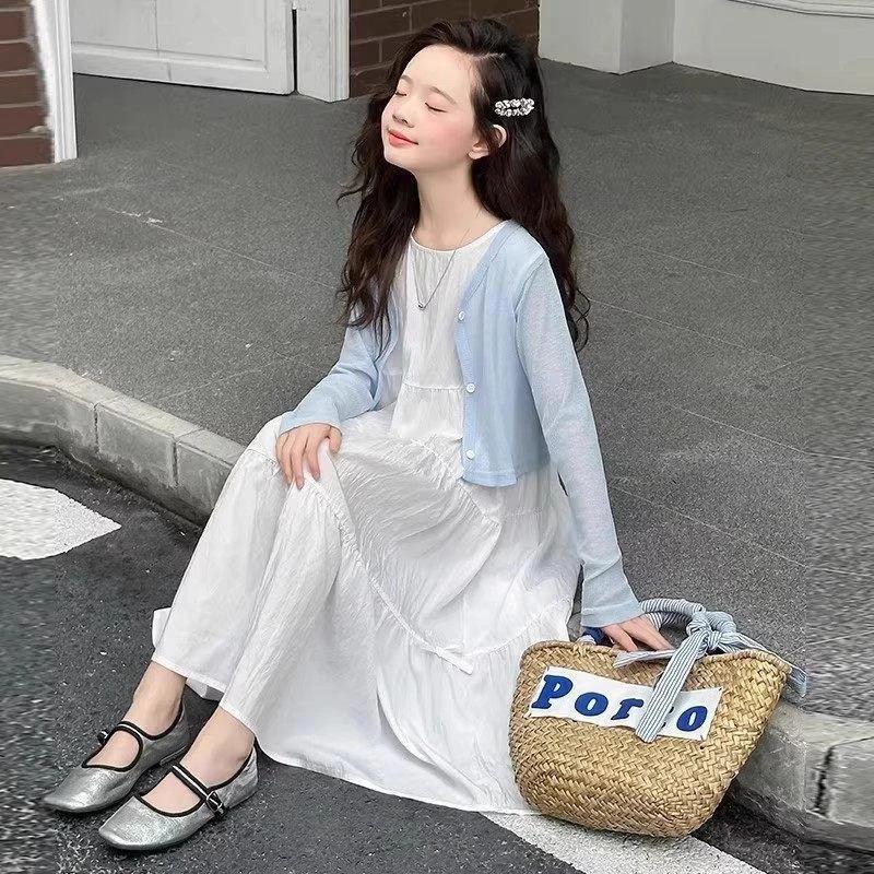 卿然精品甄选1女童夏装连衣裙儿童夏防晒开衫女孩白色长裙两件套