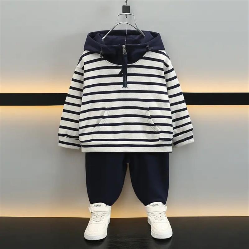 诗意服饰小筑男童o秋装套装衣服儿童韩系条纹帽衫卫衣休闲两件套