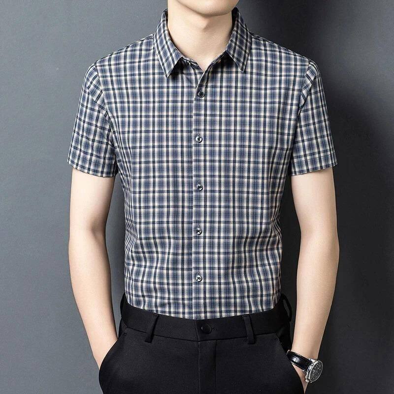 启锚点商务男装专营5夏格纹短袖衬衫简约宽松薄款外穿休闲衬衣