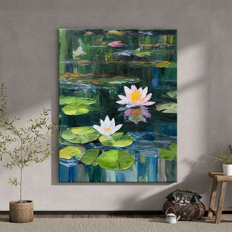 大芬油画村荷花卉立体挂画客厅印象派肌理装饰画玄关手绘睡莲壁画