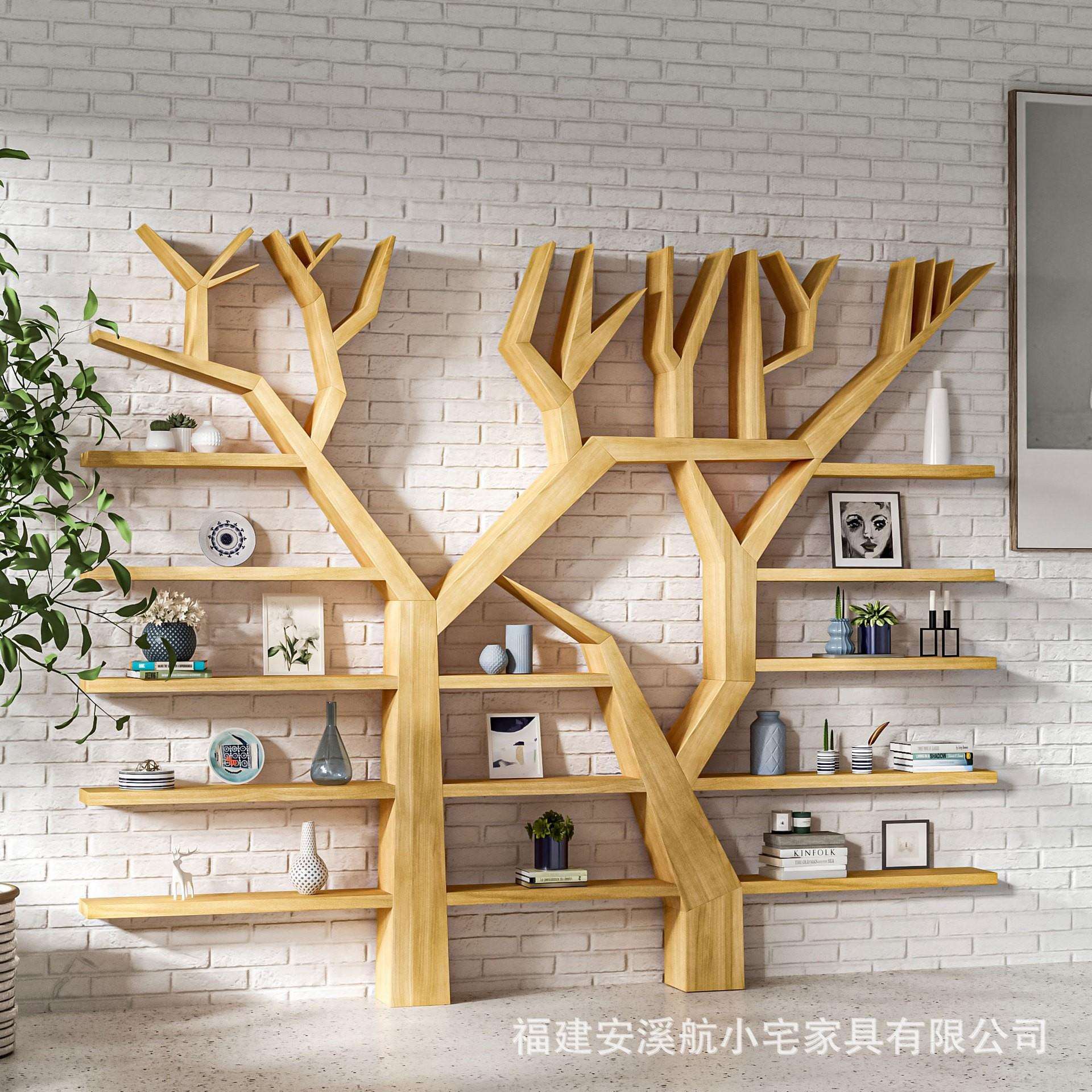 简约现代树形书架实木墙上满墙展示架落地创意多层置物架组装书柜