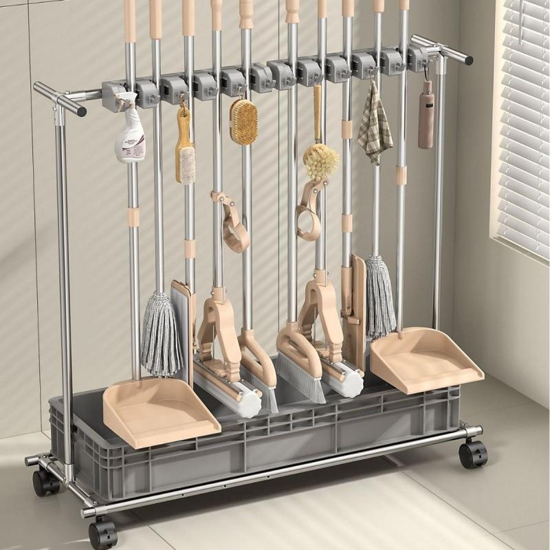 不锈钢移动拖把架落地式放扫把拖布家用清洁工具地拖收纳置物