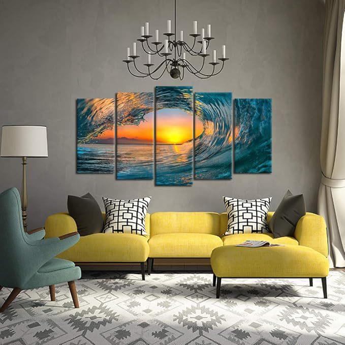 5联日落风景装饰画高级感挂画海浪客厅玄关无框画艺术房间墙壁画