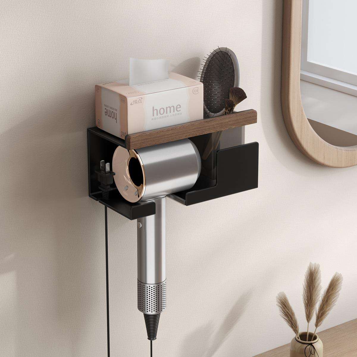 实木吹风机置物架免打孔卫生间浴室电吹风支架梳子纸巾收纳架壁挂