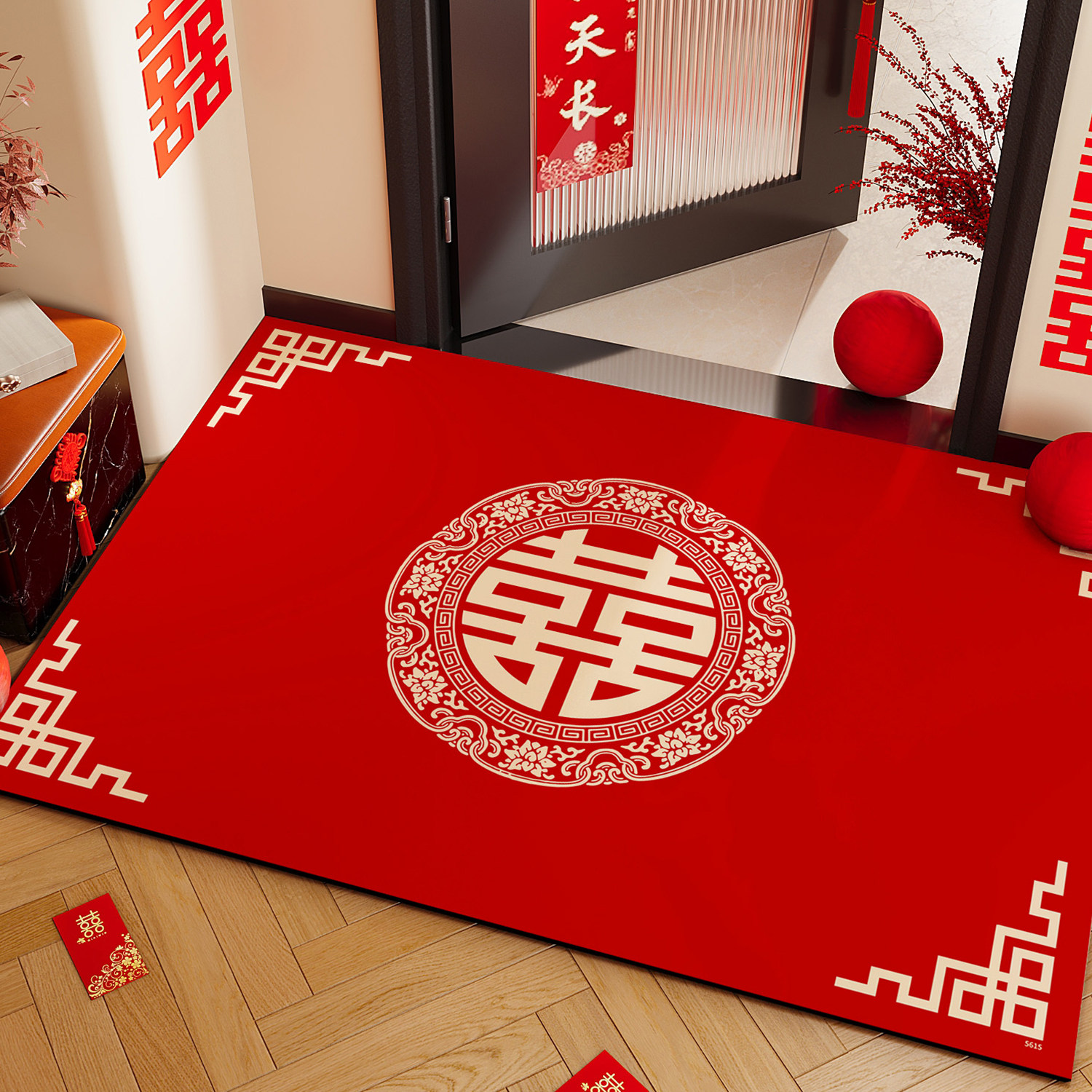 红色喜庆喜字结婚脚垫新婚入户门地垫门口进门家用玄关硅藻泥地毯