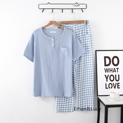 男款纯棉短袖长裤长袖睡衣x套装双层纱布绉布圆领套头家居服