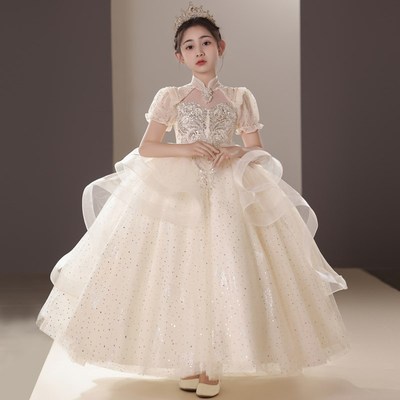 香槟色女童礼服高端生日花童婚礼蓬蓬裙主持人钢琴演W奏儿童演出