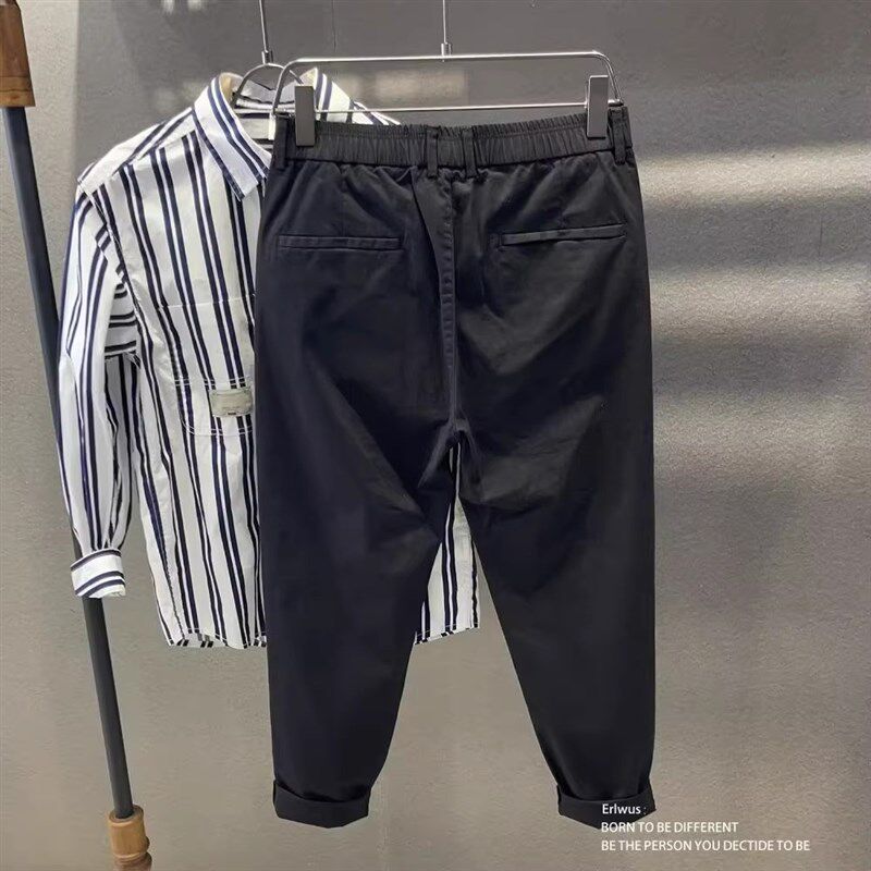 裤子男款秋季纯棉弹力直筒宽松通勤长裤日系松紧腰锥形.男士休闲